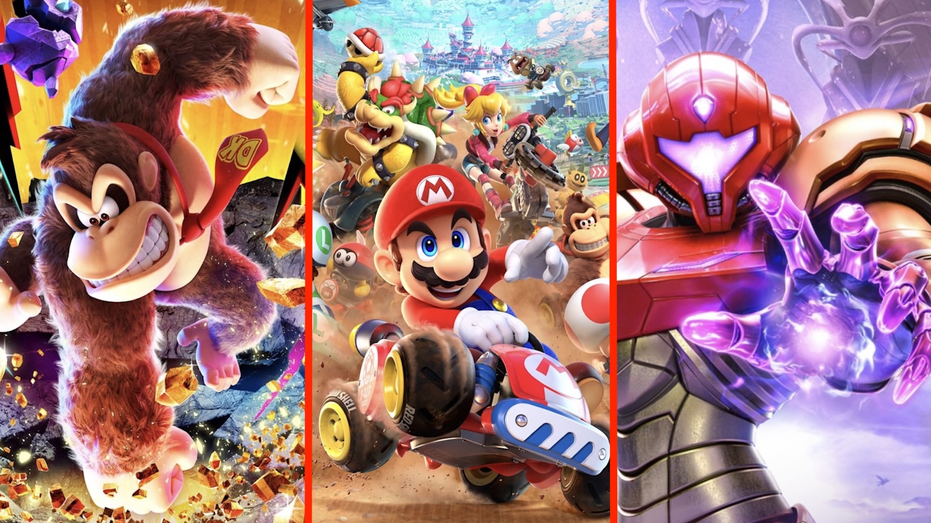 Donkey Kong, Mario Kart and Metroid Prime 4 key art combined into an image