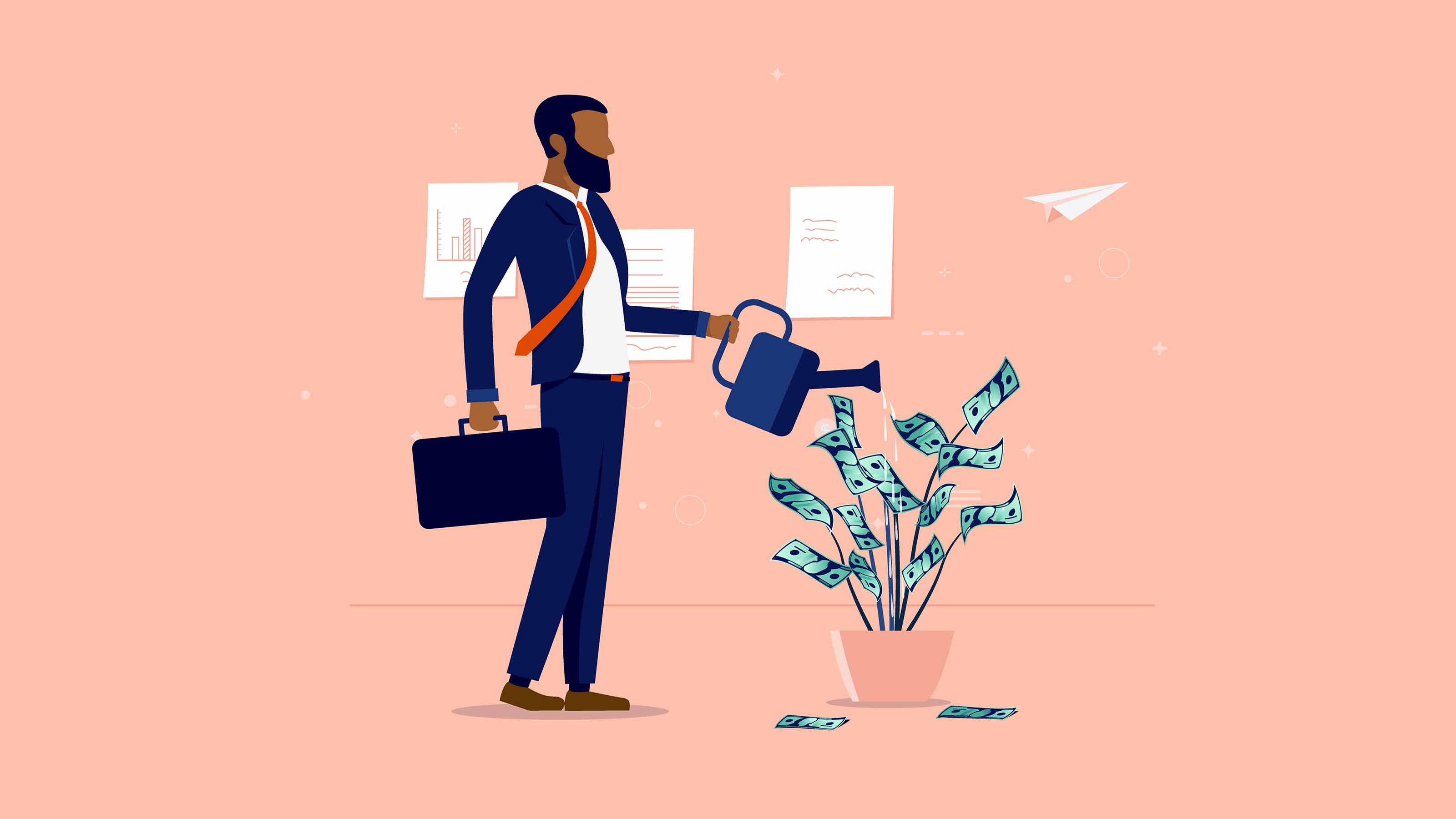 man watering money tree art concept