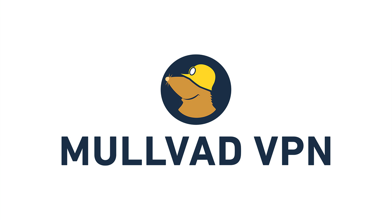 Mullvad VPN &quot;mole&quot; logo, with dark blue &quot;Mullvad VPN&quot; text on white background