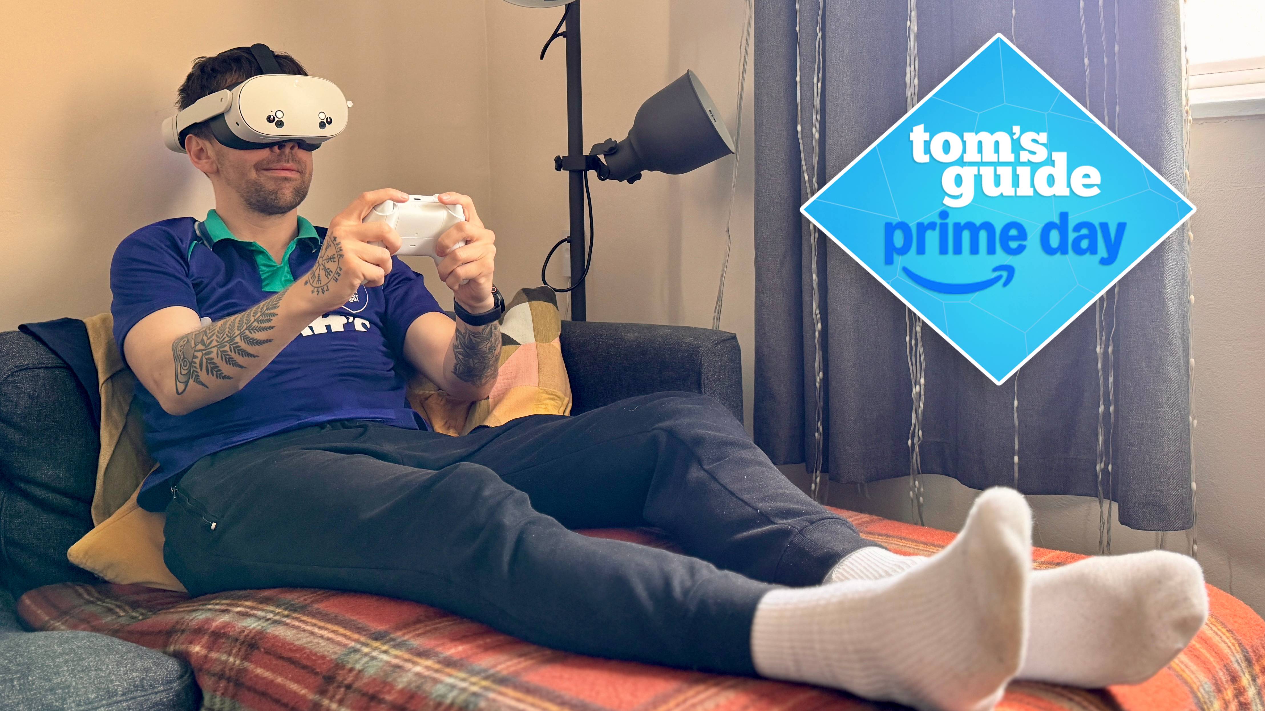Meta Quest 3S on person lying on couch with controller in hand with Tom&#039;s Guide Prime Day badge