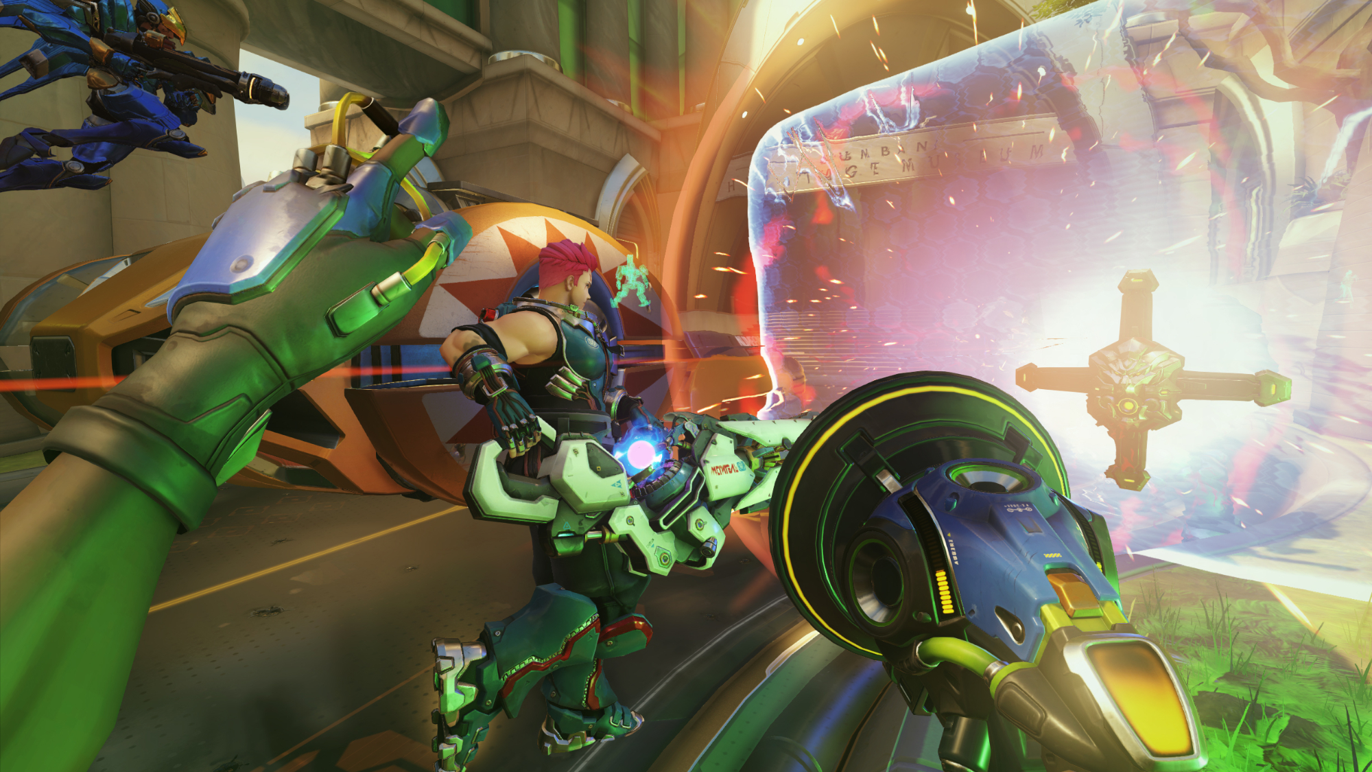 Lucio using his crossfade with Zarya against Reinhardt