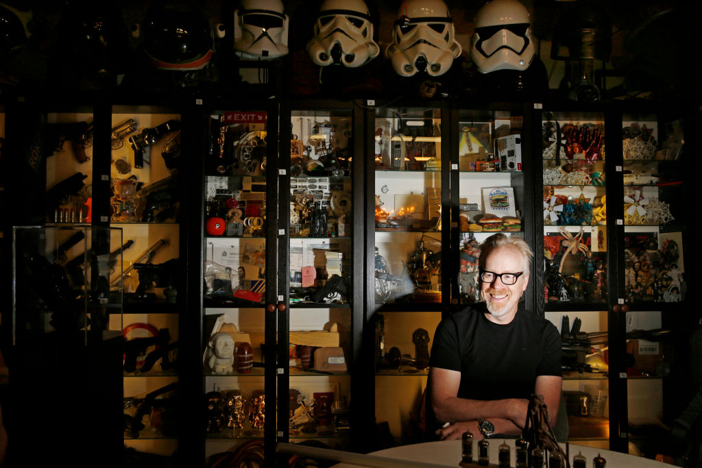 Adam Savage of Mythbusters laughs while answering questions during an interview at his workshop on Monday, February 22, 2016 in San Francisco, California.