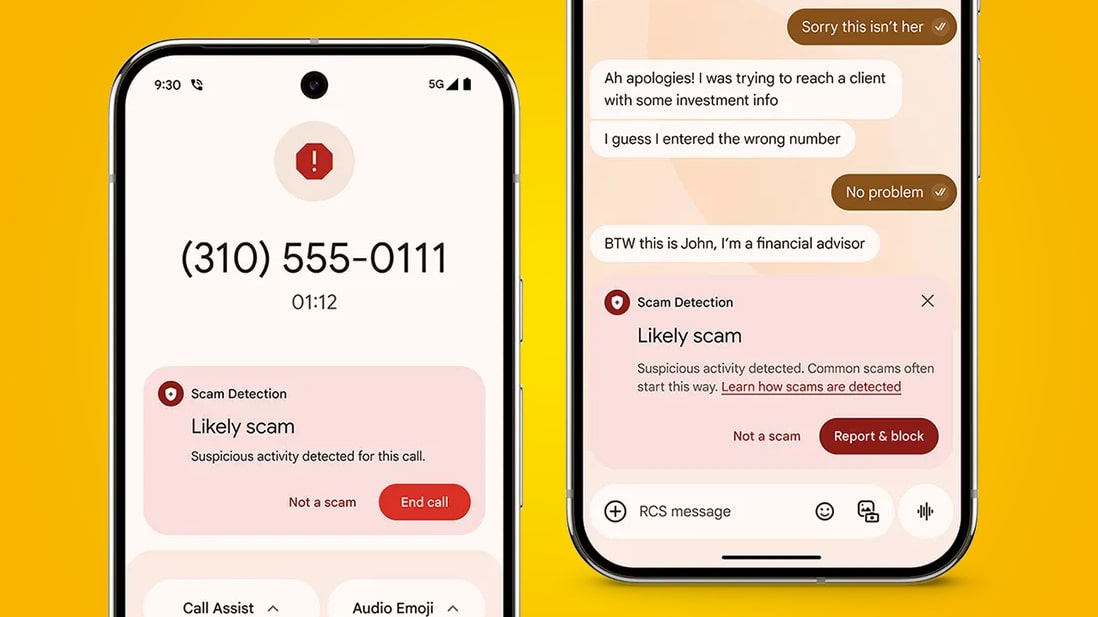 Two Android phones displaying Google&#039;s AI-powered anti-scam alerts against an orange background.