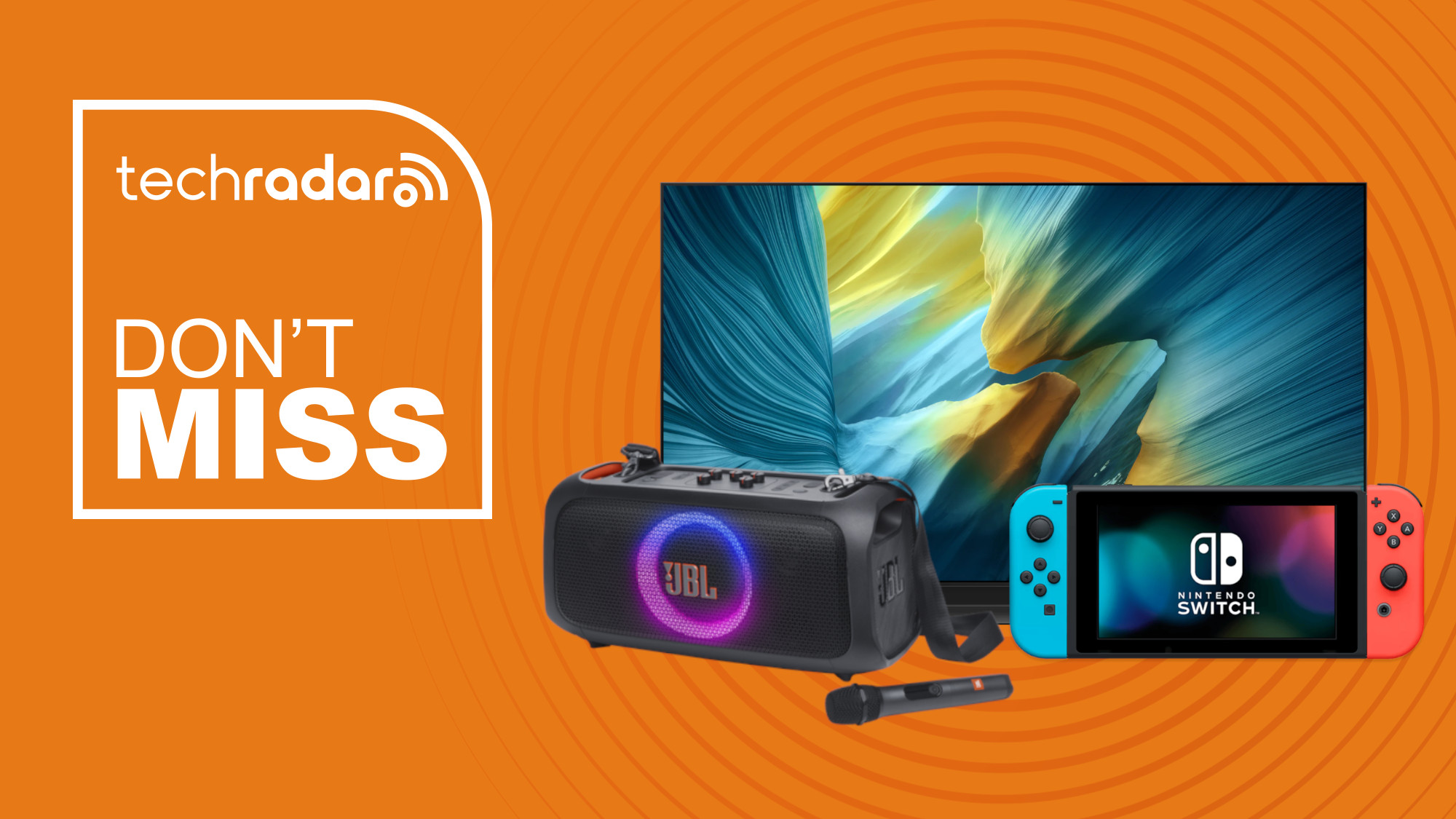 Samsung TV, JBL Speaker, and Nintendo Switch on orange background with don&#039;t miss text overlay