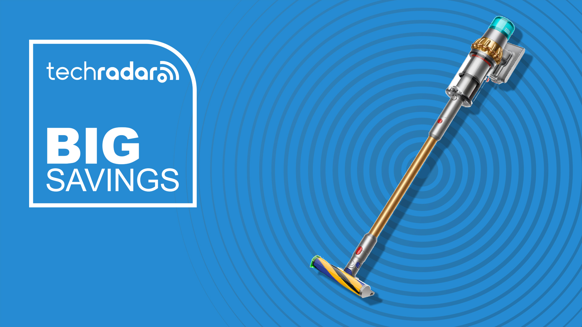 Dyson V15 vacuum with Big Savings graphic