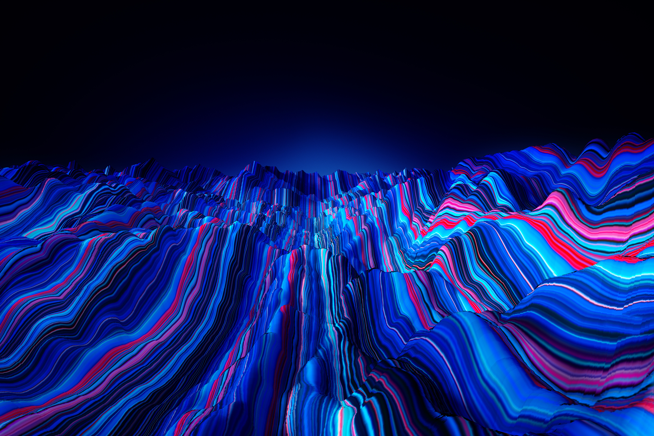 digitally generated image of abstract flowing data ramp made out of glowing blue and red splines moving away from camera on black background