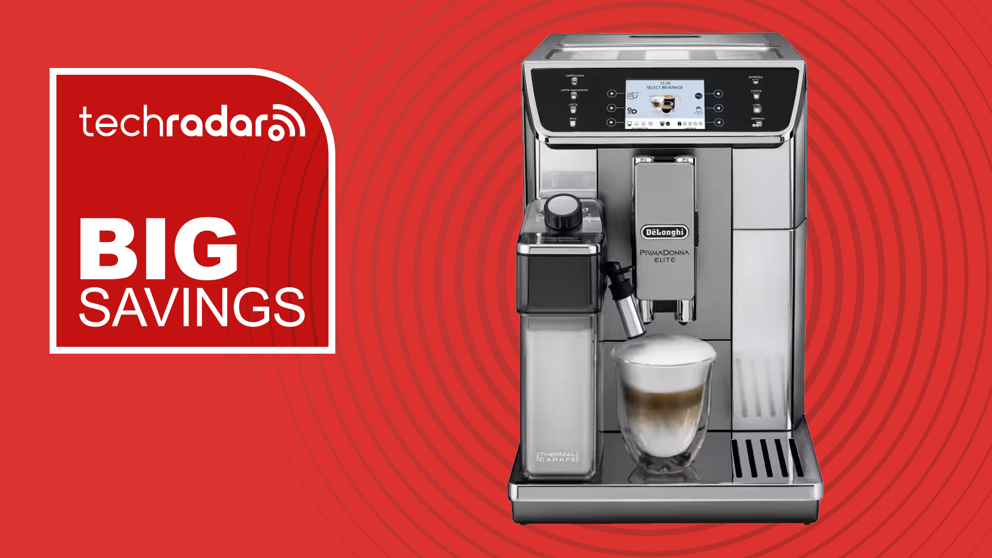 De&#039;Longhi espresso machine on red background with white text reading &#039;TechRadar big savings&#039;