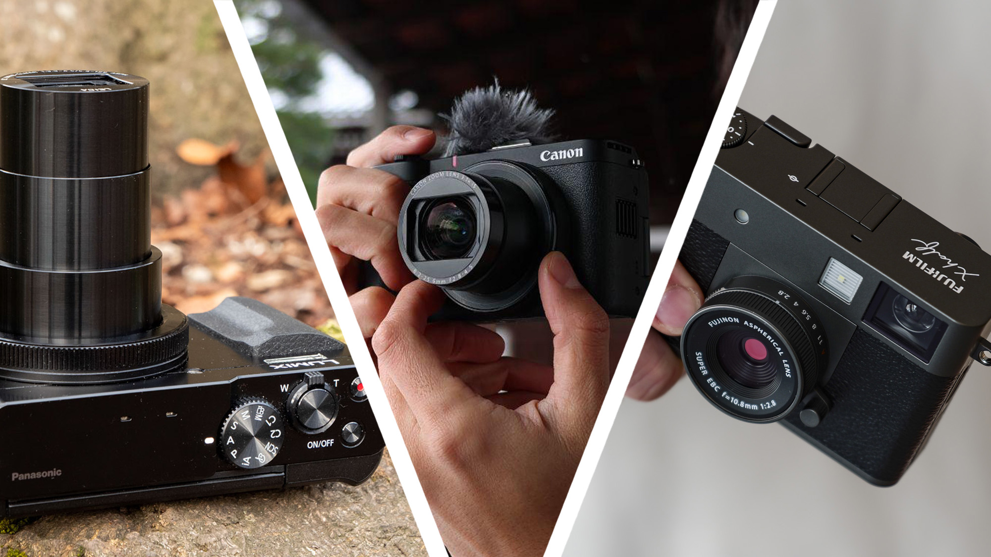 Three compact cameras triptych; left Panasonic Lumix ZS99 / TZ99; Canon PowerShot V1; Fujifilm X half