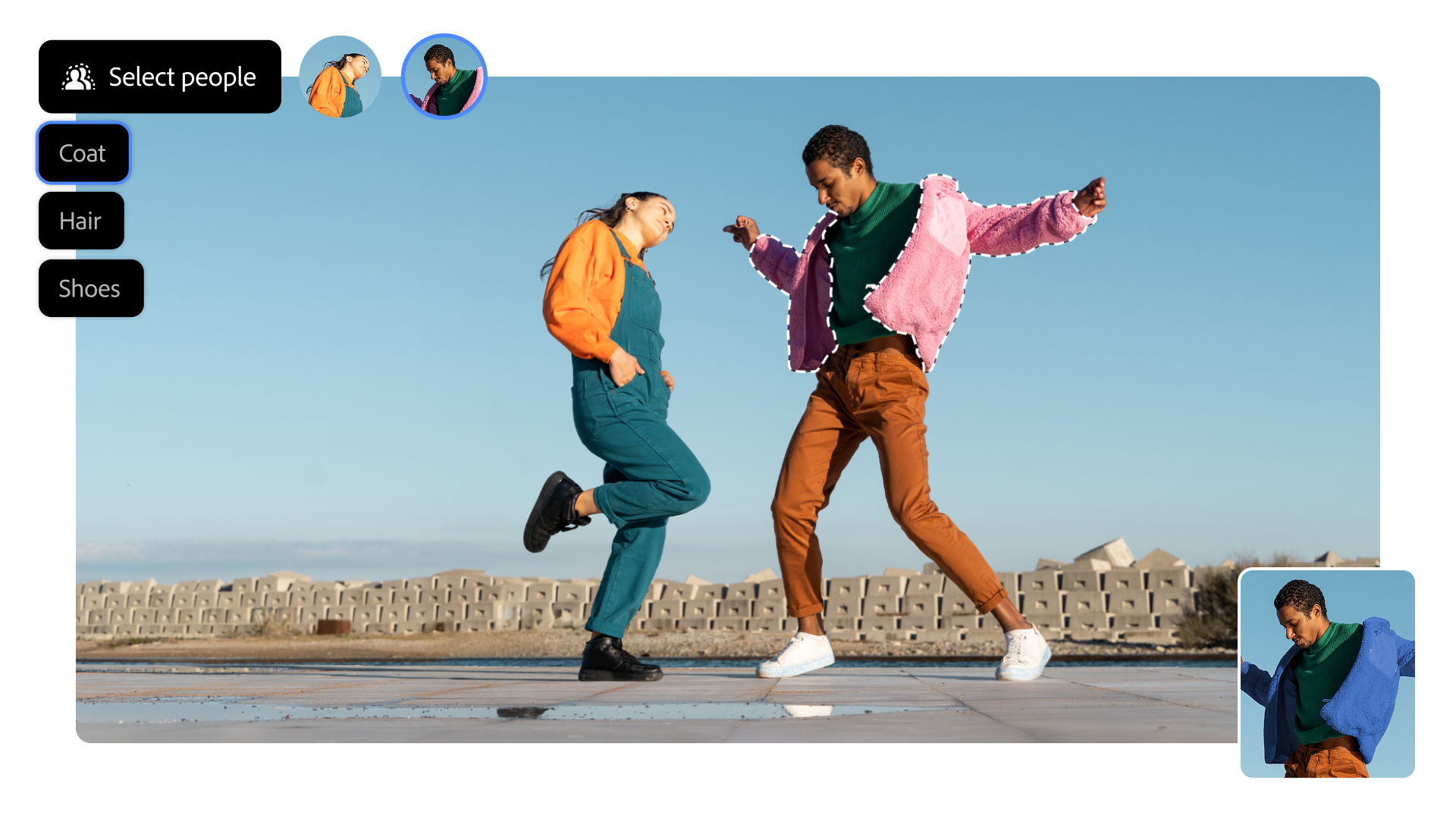 Adobe Photoshop Select tool in use for an image of two people in bright clothing outside on a sunny day