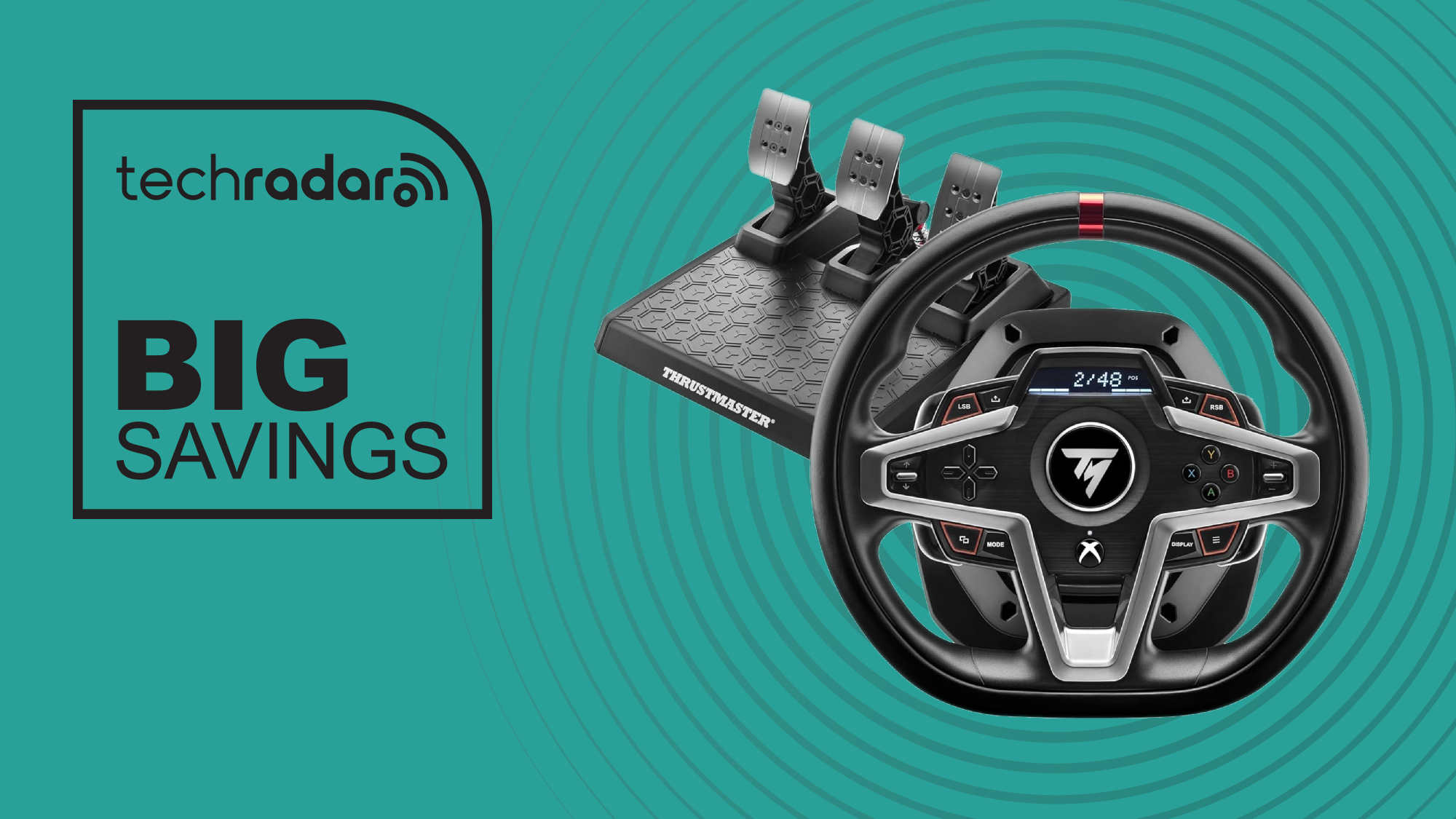 Thrustmaster T248 on green background with concentric circles and boxed text reading &#039;techradar big savings&#039;