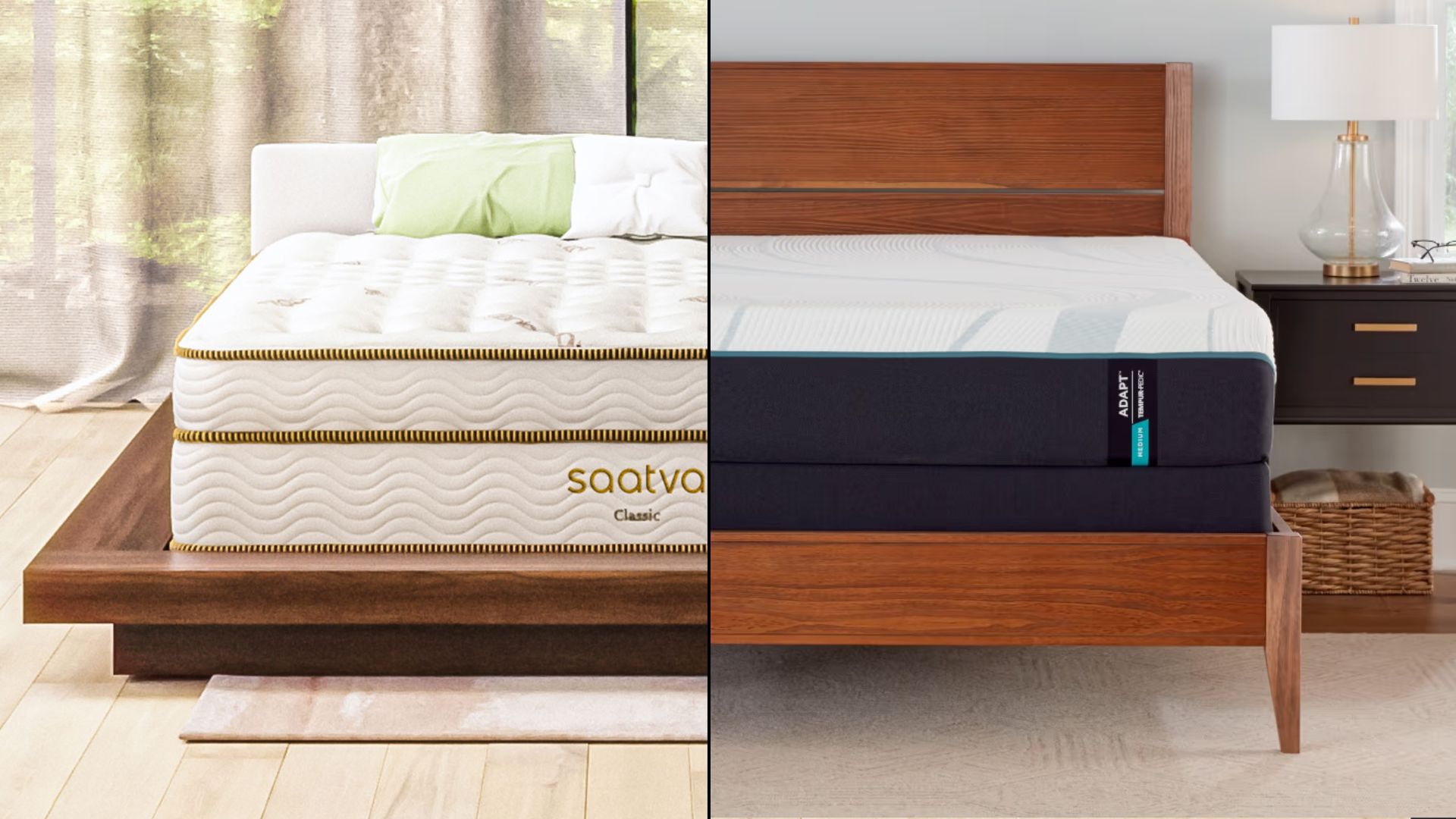 The image shows the Saatva Classic on the left and the Tempur Pedic Tempur Adapt Hybrid mattress on the right in a side by side comparison 