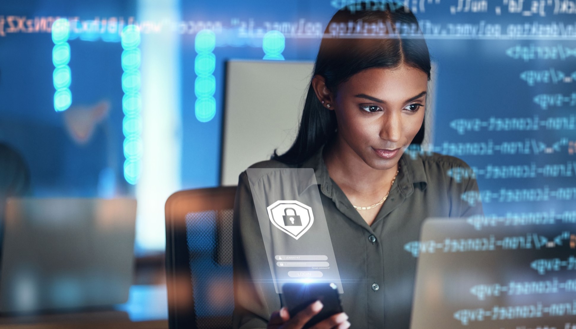 Laptop, phone and hologram of woman for data protection, safety software development or cybersecurity programming.