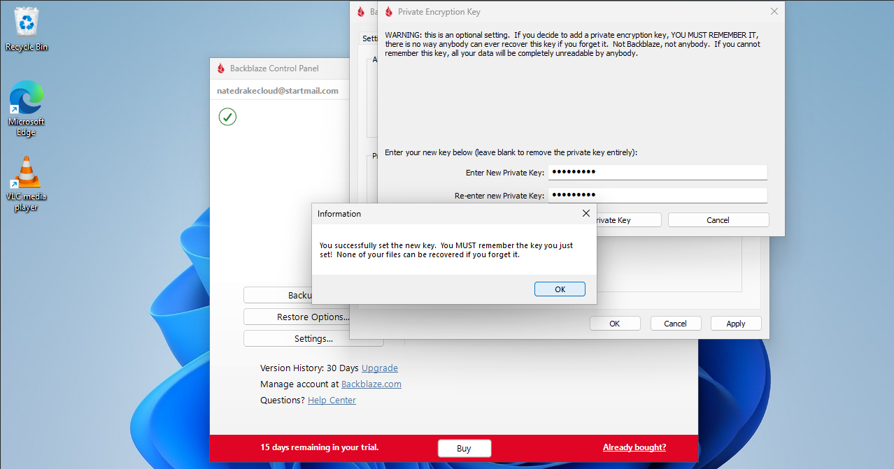 Backblaze cloud storage backup service showing the encryption key process