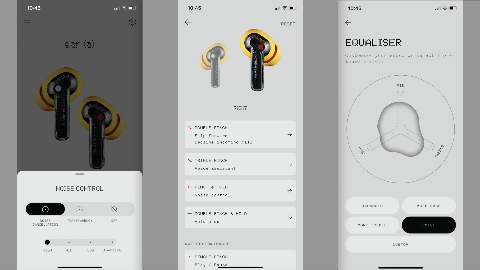 Three screenshots of the Nothing X App