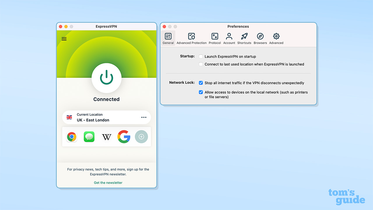 ExpressVPN's interface and setting dialog box on a blue background