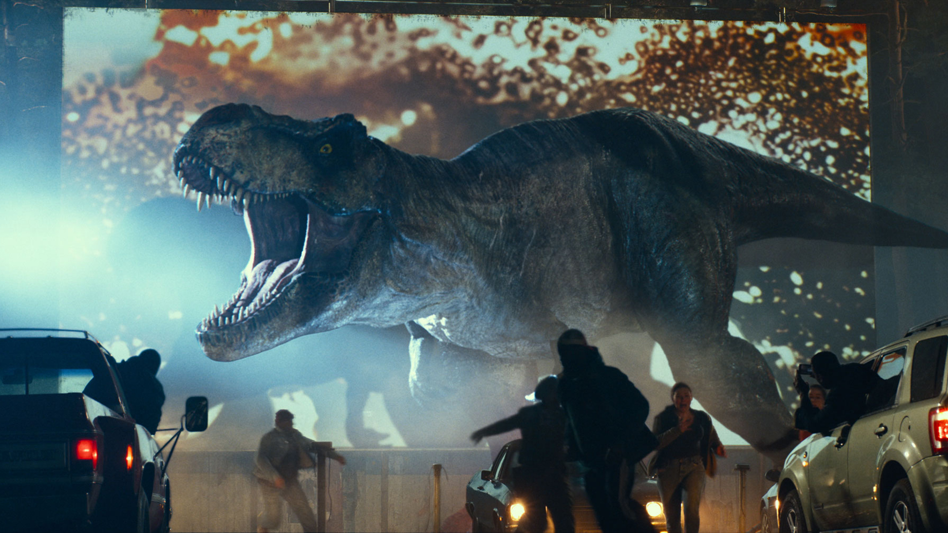 A T-Rex roars during an open air theatre event in Jurassic World Dominion
