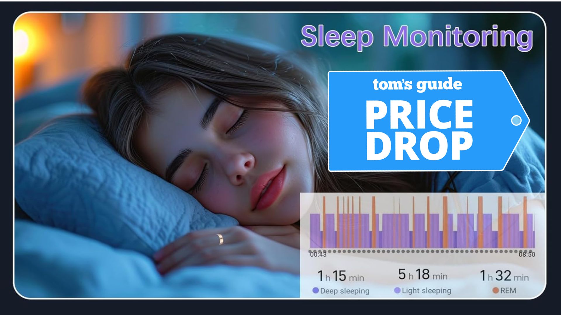 A woman sleeping in blue lit room wearing gold FKGZJF smart ring overlaid by sleep graph and Tom&#039;s Guide price drop logo 
