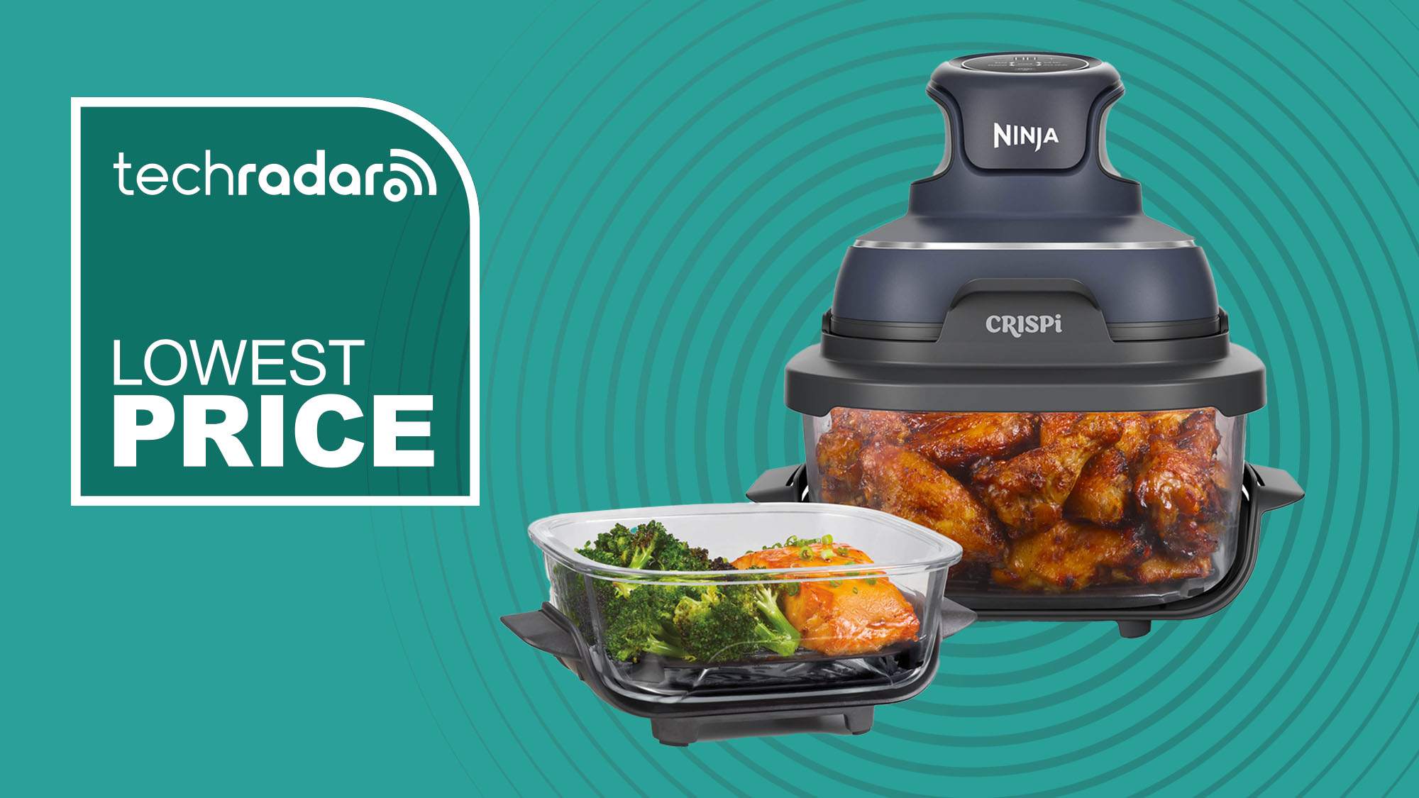 Ninja Crispi air fryer on teal background with white text reading &#039;TechRadar Lowest Price&#039;