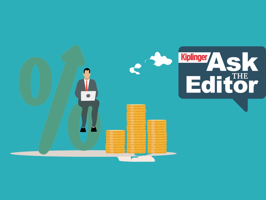 Ask the Editor logo plus man sitting on a percentage sign with a stack of coins
