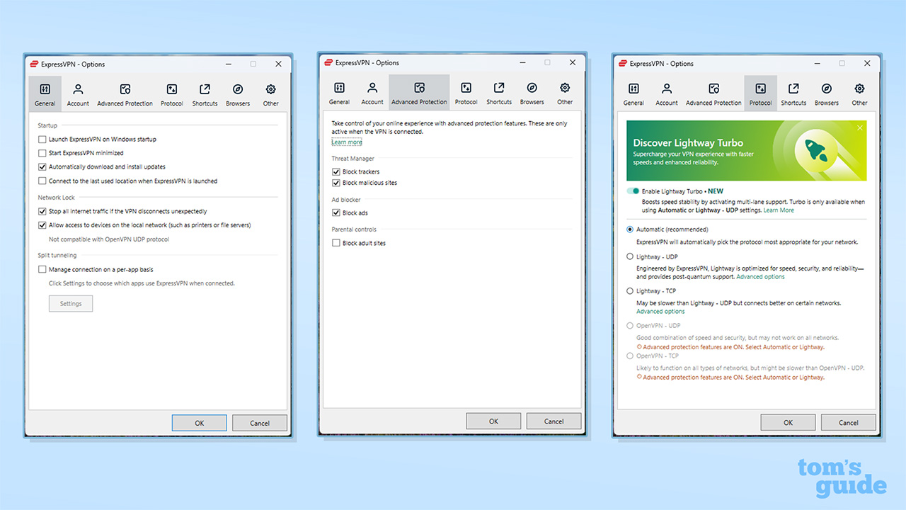 Three screenshots displaying ExpressVPN's settings on its Windows app. On the left is its general settings. In the center is ExpressVPN's advanced settings. On the right is its encryption protocol settings on its Windows app.