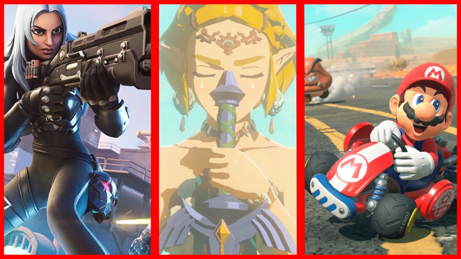 Fortnite character, Zelda, and Mario drifting in a kart, side by side separated by red block lines