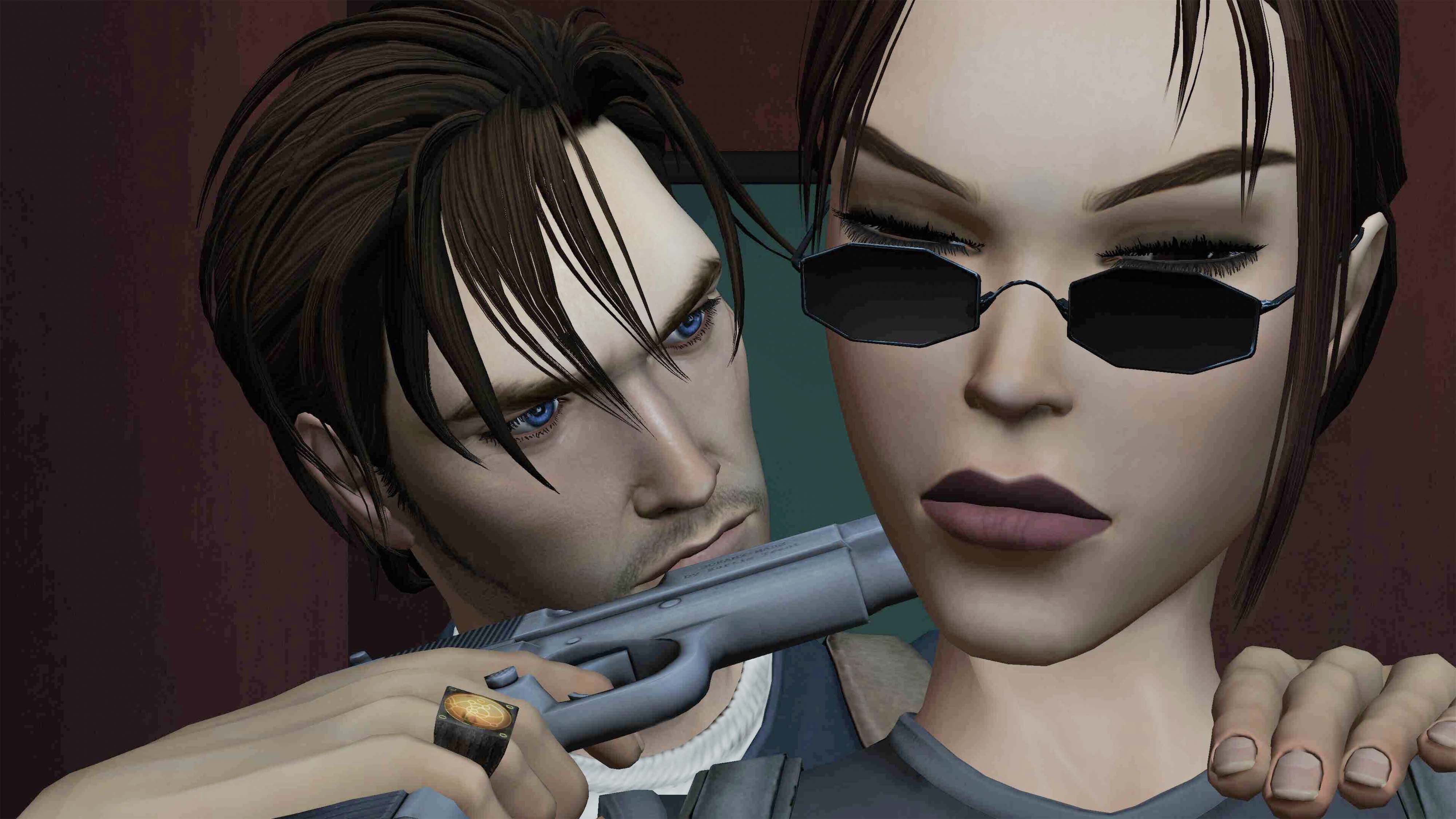 Screenshot from Tomb Raider: The Angel of Darkness showing Trent holding a gun to Lara&#039;s neck. 