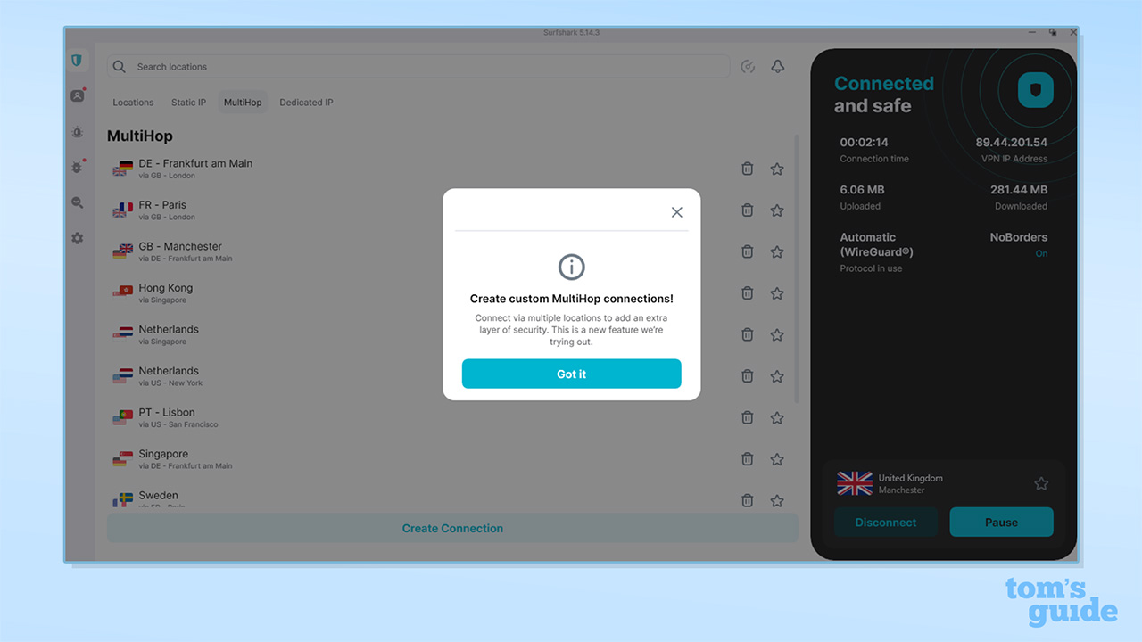 The multi-hop tab on Surfshark's Windows app. In front of a list of its multi-hop servers is a pop-up which reads: "Create custom MultiHop connections! Connect via multiple locations to add an extra layer of security. This is a new feature we're trying out."
