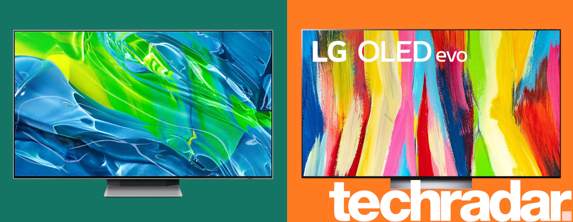 OLED TV deals banner: LG and Samsung OLED TVs on orange and green background