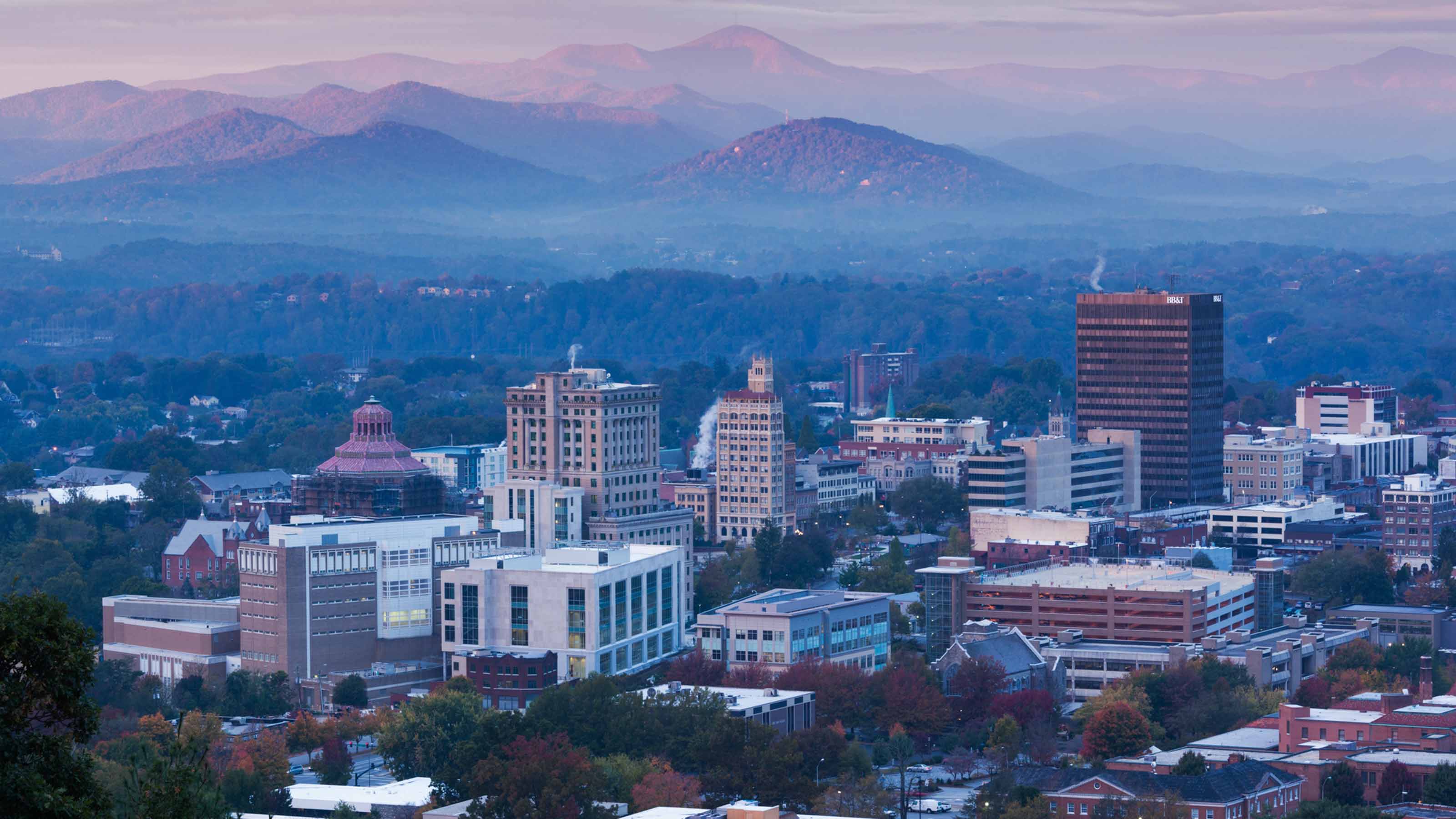 An aerial view of the profile of Asheville, North Carolina