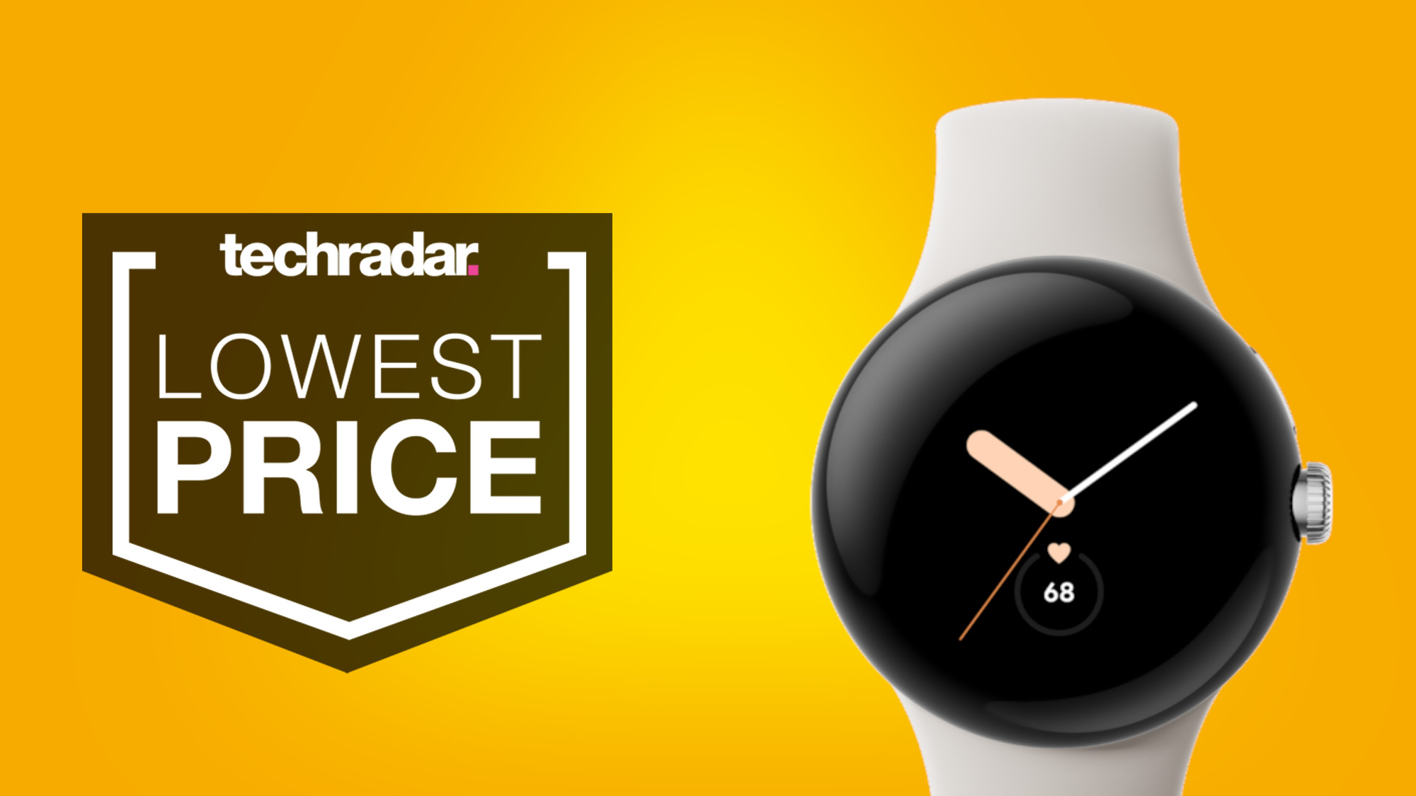 Google Pixel Watch on yellow background with lowest price text overlay