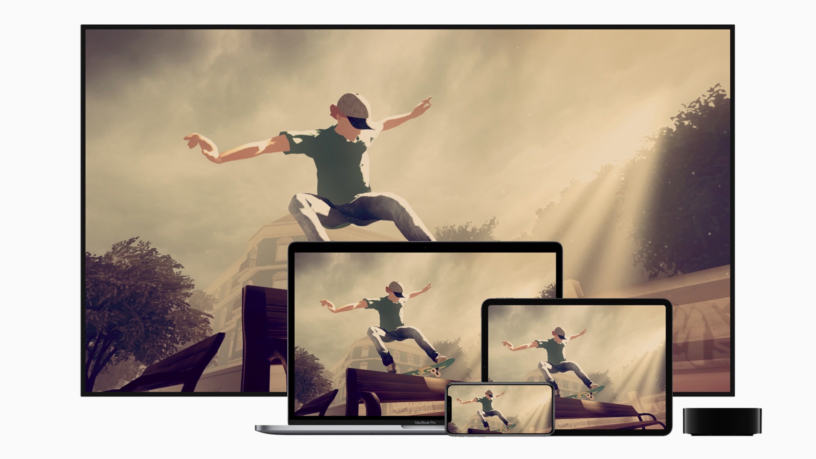 Several Apple devices showing a generic skateboarding game.