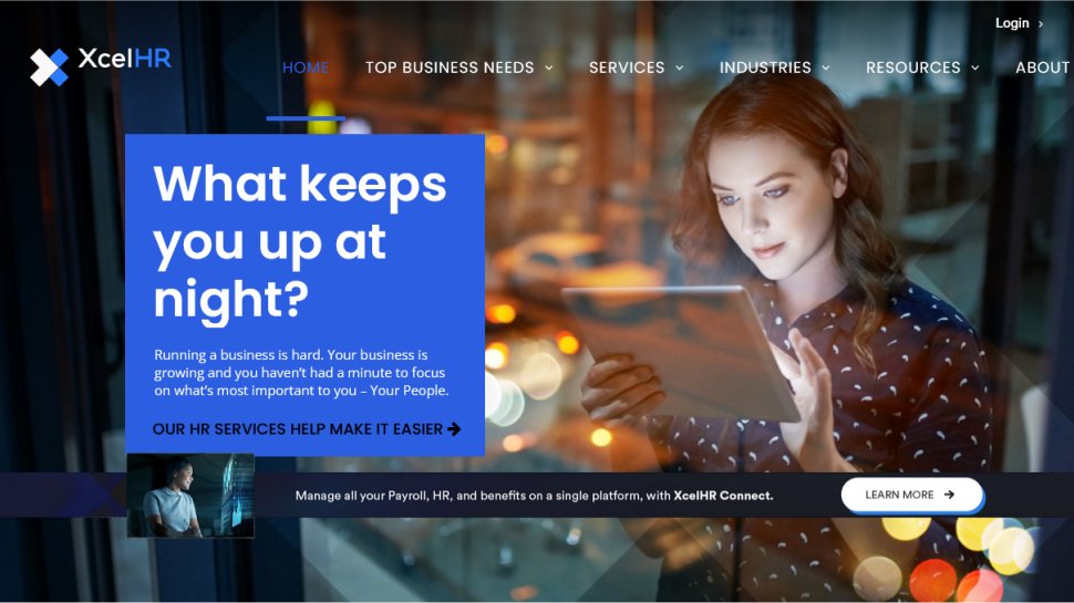 XcelHR PEO website screenshot (June 2025).