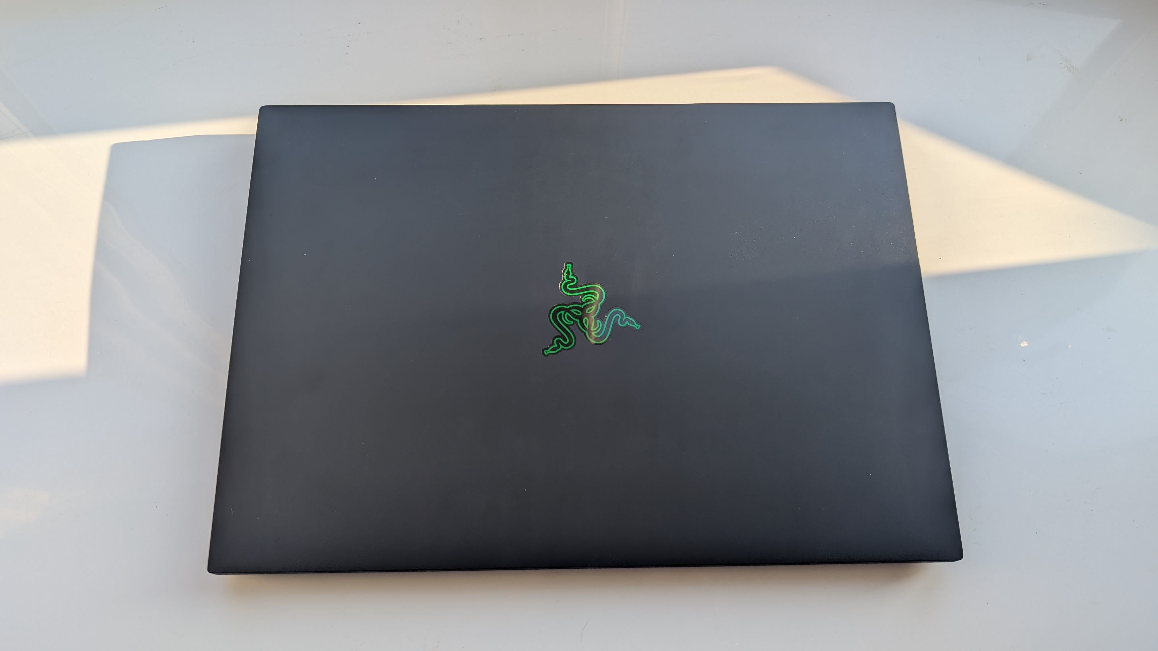 The Razer Blade 16 photographed for TechRadar on a white surface with plants in the background.
