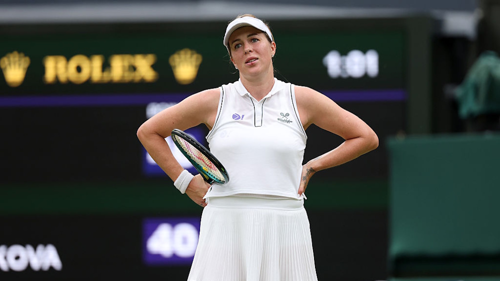Anastasia Pavlyuchenkova reacts with frustration to an erroneous line call during her Wimbledon match with Sonay Kartal.