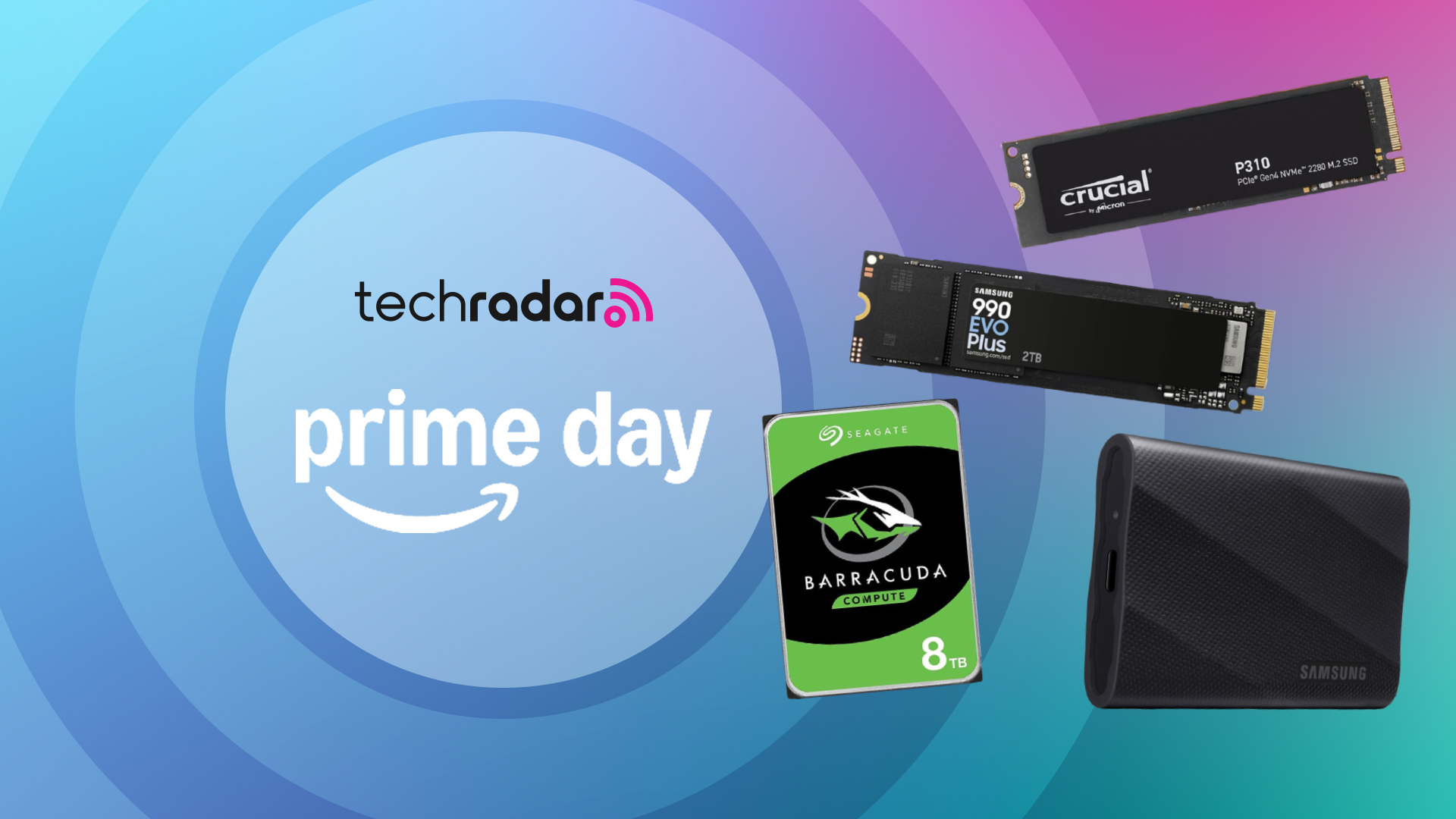 A selection of SSDs and HDDs on a rainbow-colored background next to a TechRadar badge reading 'Prime Day'