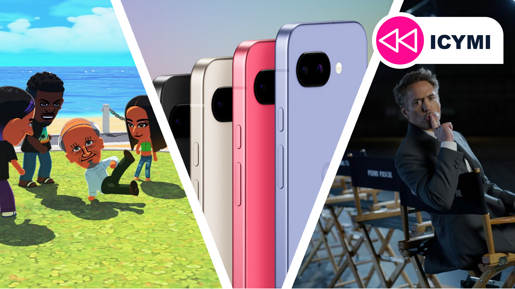 Tomodachi Life miss dance next to a shushing Robert Downey Jr., and the Google Pixel 9a