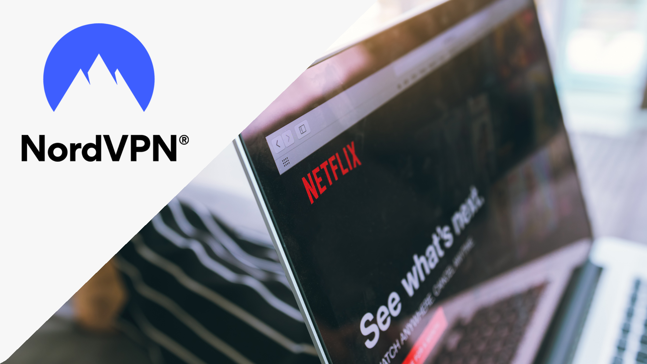 NordVPN logo next to a laptop displaying the Netflix home screen